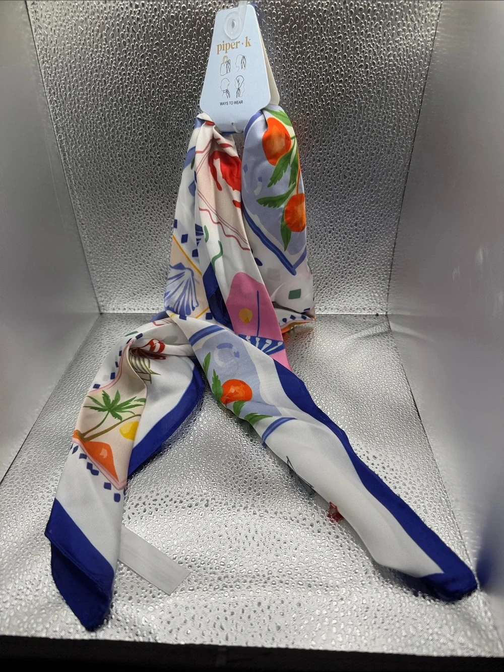 Piper-k White Multicolor Floral & Fruit Silk-Feel Scarf with Blue Trim